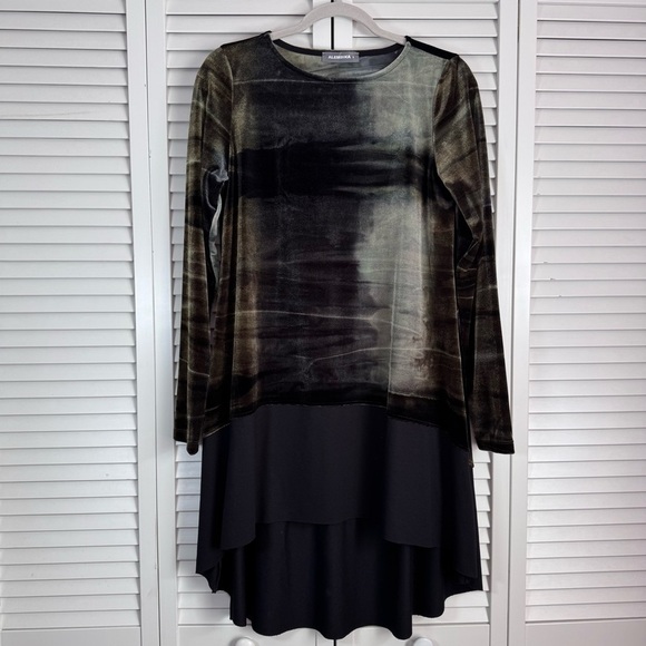 Alembika Dresses & Skirts - Alembika Tie Dye Velvet Hi-Lo Tunic Dress Brown Green Boho Size 3 M/L